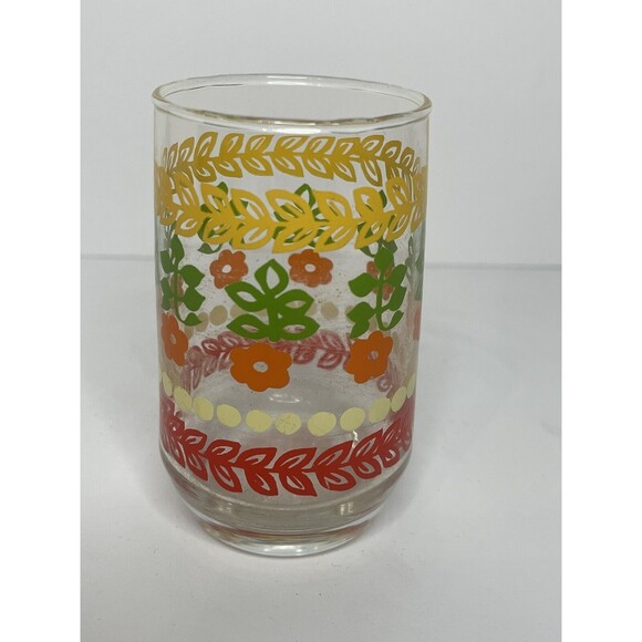 vintage Red White Yellow Orange  Green Floral Juice Glass Cup Retro 1950 - Picture 2 of 5